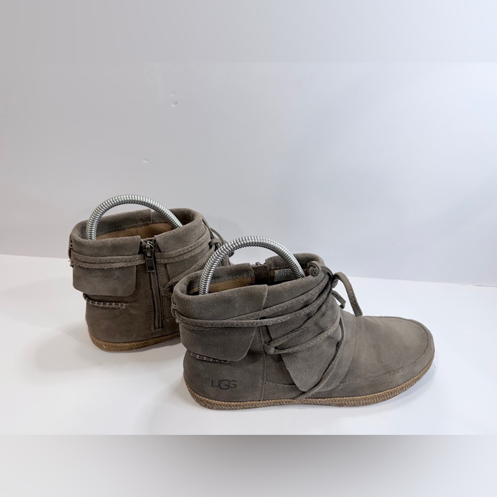 UGG Suede Ankle Boots Taupe Gray Women’s 10 Side Zip Lace Wrap - Picture 3 of 10